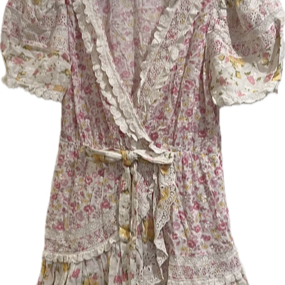 LoveShackFancy Belen Floral Eyelet Mini Dress | Size 8 Pink Yellow Floral - Picture 3 of 9